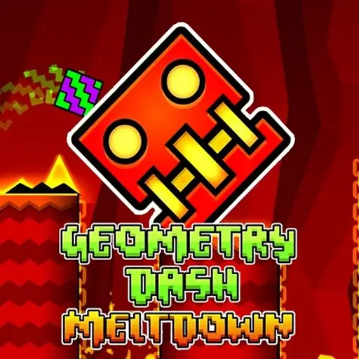 Geometry Dash Meltdown cube jumping through fiery rhythm obstacles and spikes