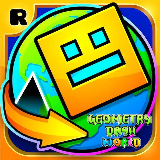 Geometry Dash World cube jumping through colorful rhythm platform obstacles